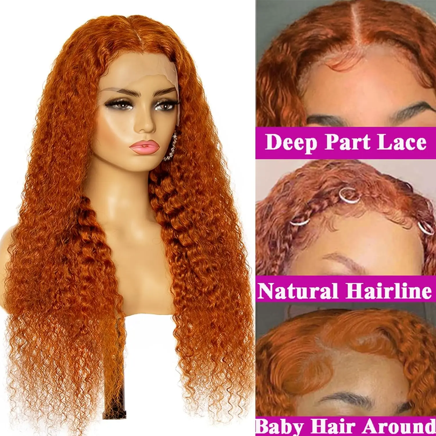 Perruque de cheveux humains Orange gingembre 13x4 perruque avant de dentelle bouclée profonde cheveux humains dentelle transparente frontale 350 perruque de cheveux humains colorés