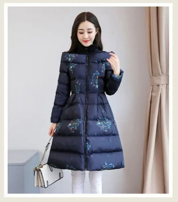 Cotton Jacket Women's Medium Long 2026 Winter New Korean Version Slim Print Thick Cotton Cloak Jacket Female Warm Parka Overcoat