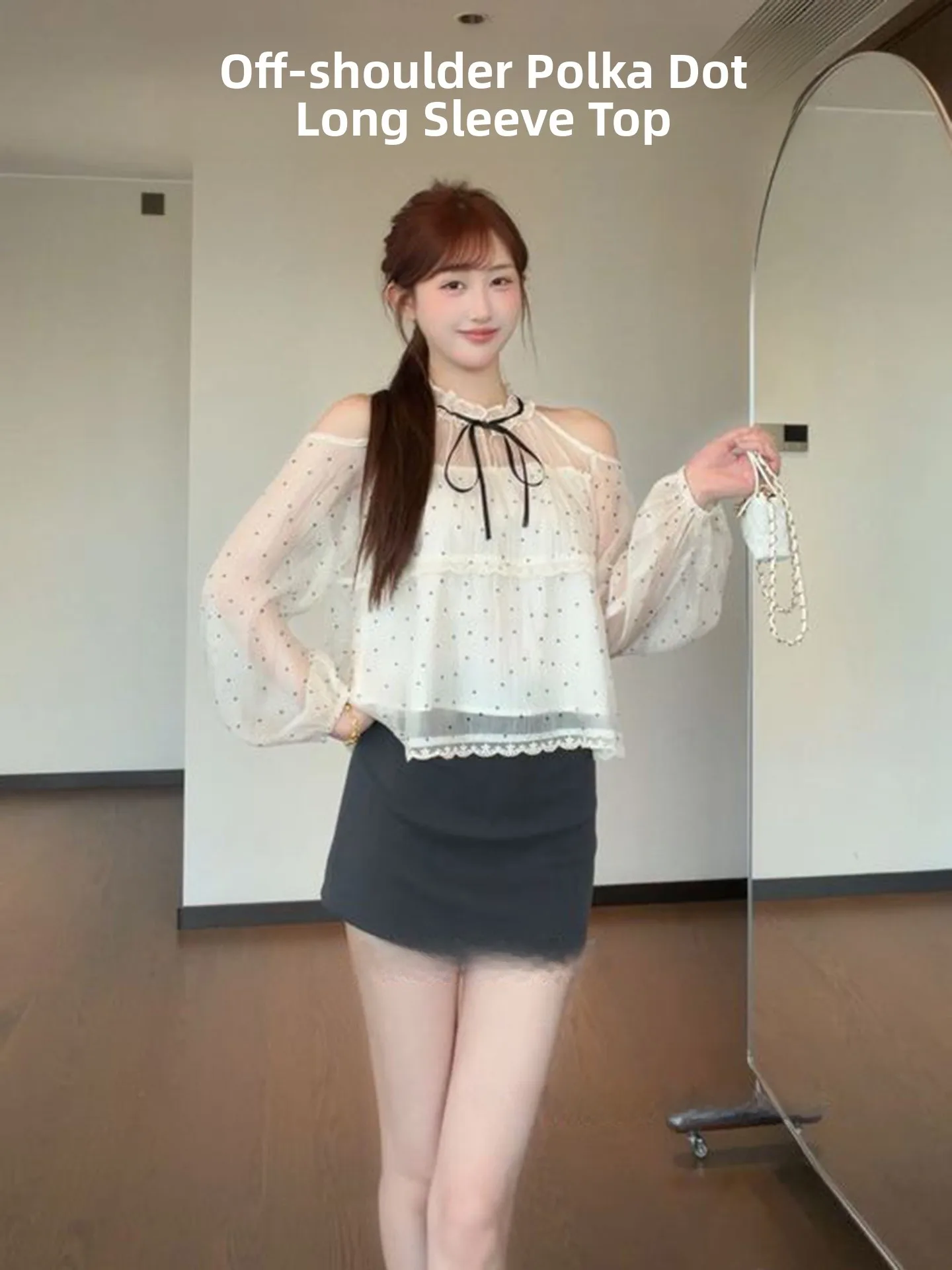 

Elegant Polka Dot Chiffon Shirt Women's Knot Waist Slimming Doll Top Long Sleeve Gentle Shoulder Bared Korean Style