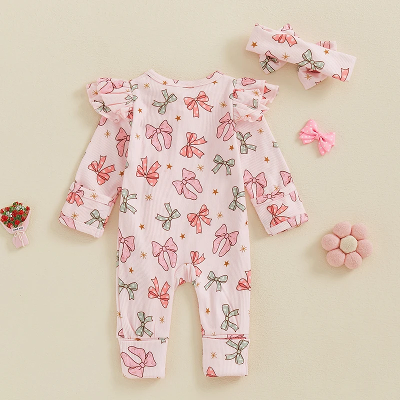 0-6M Autumn Baby Girl Outfit Long Sleeve Bow Print Jumpsuit with Bowknot Headband Baby Clothes