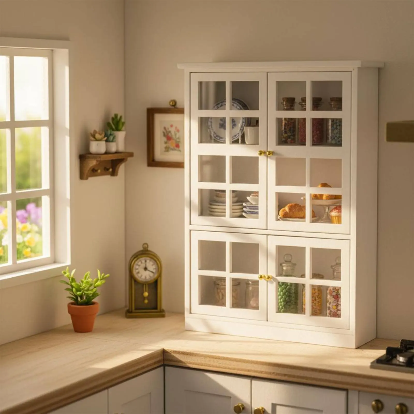 Dollhouse Kitchen Cupboard White Finish Mini Display Cabinet Miniature Showcase Cabinet Detailed Design Miniature Cupboard