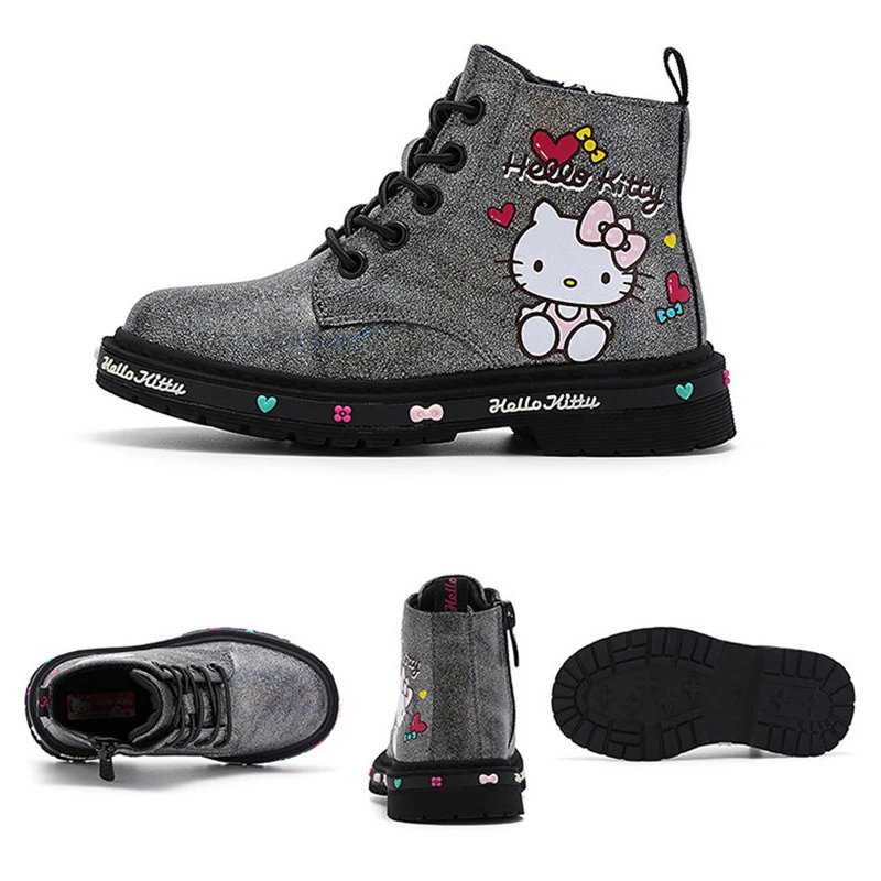 Miniso Hello Kitty Little Girls Martin Boots Children Princess Leather Shoes Kids Ankle Boot Student Short Non-Slip Fashion Gift