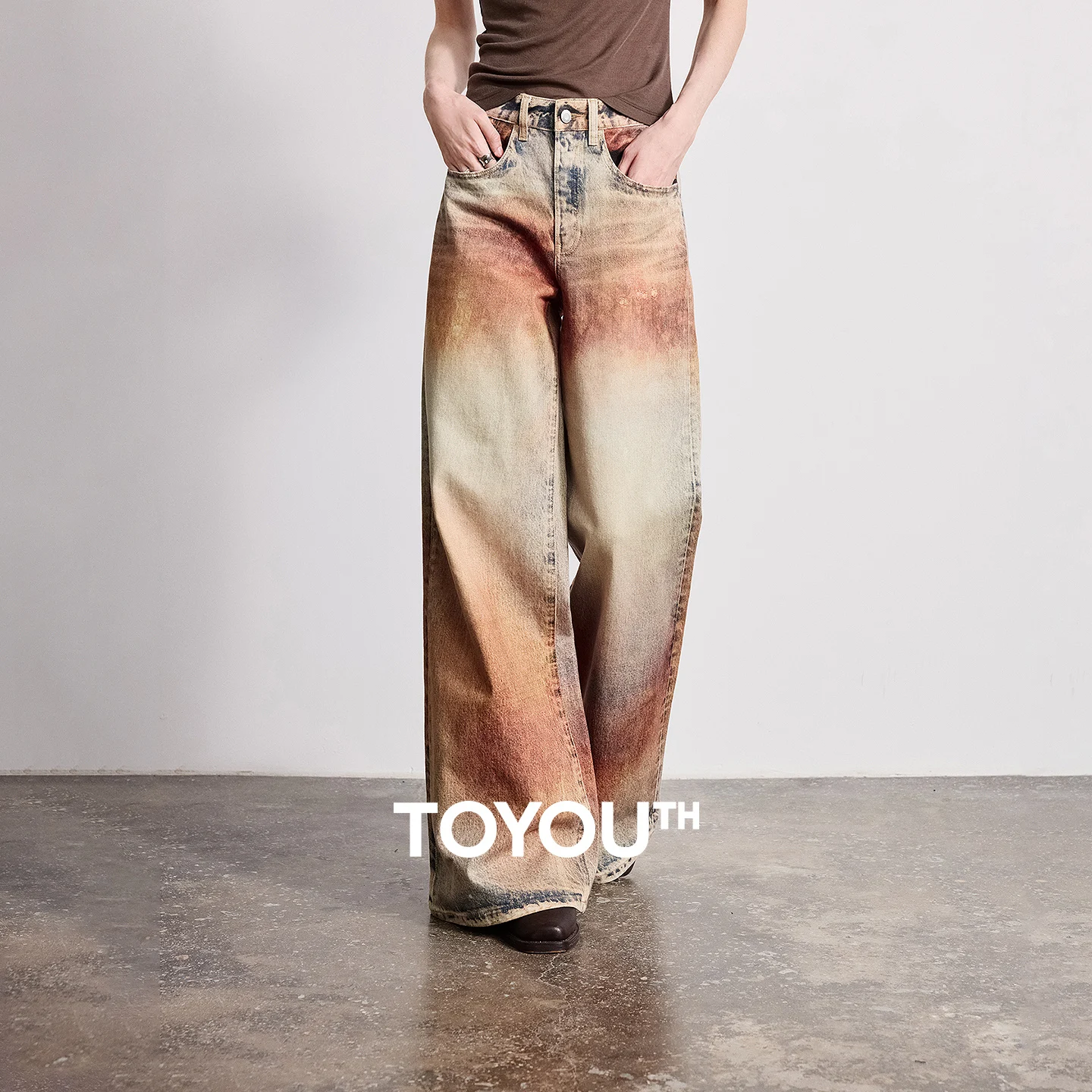 TOYOUTH Women Jeans 2026 Spring New Wilderness Wasteland Style Mid Low Waist Loose Printed Wide Leg Pants
