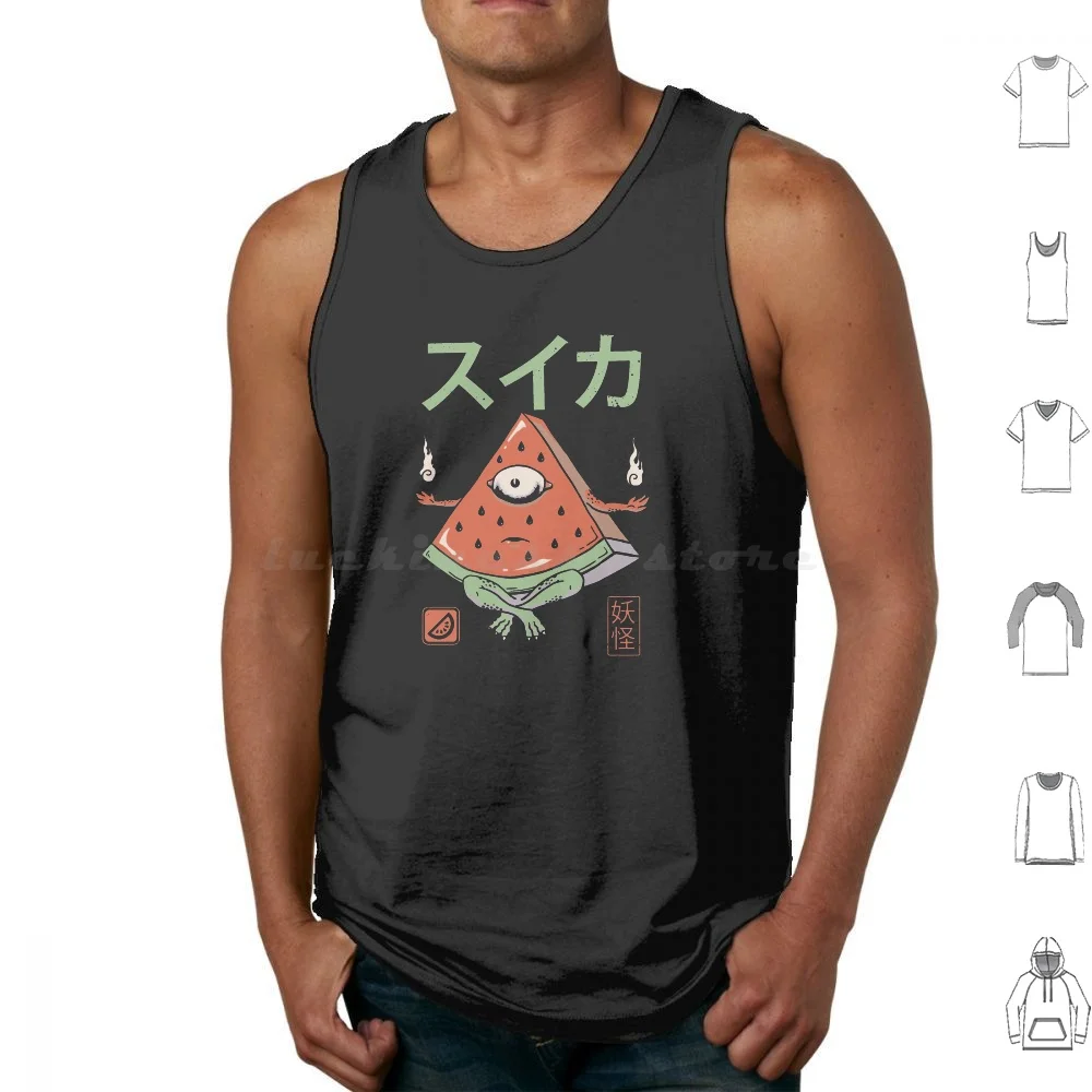 Yokai Watermelon Tank Tops Print Cotton Yokai Watermelon Food Japanese Kawaii Spirit Ghost Monster