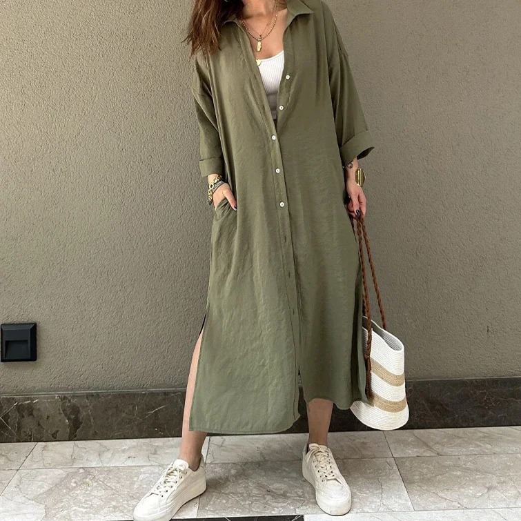 Women Long Shirt Dress Maxi Green Bohemian Sundress Spring Summer Pocket Loose Party Dresses Long Elegant Beach Vestidos