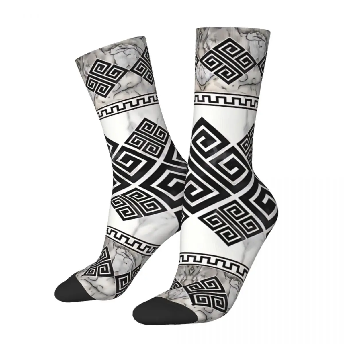 Crazy Sock for Men Greek Key Black And White Marble Hip Hop Harajuku Greek Meander Seamless Pattern Printed Boys Crew Sock