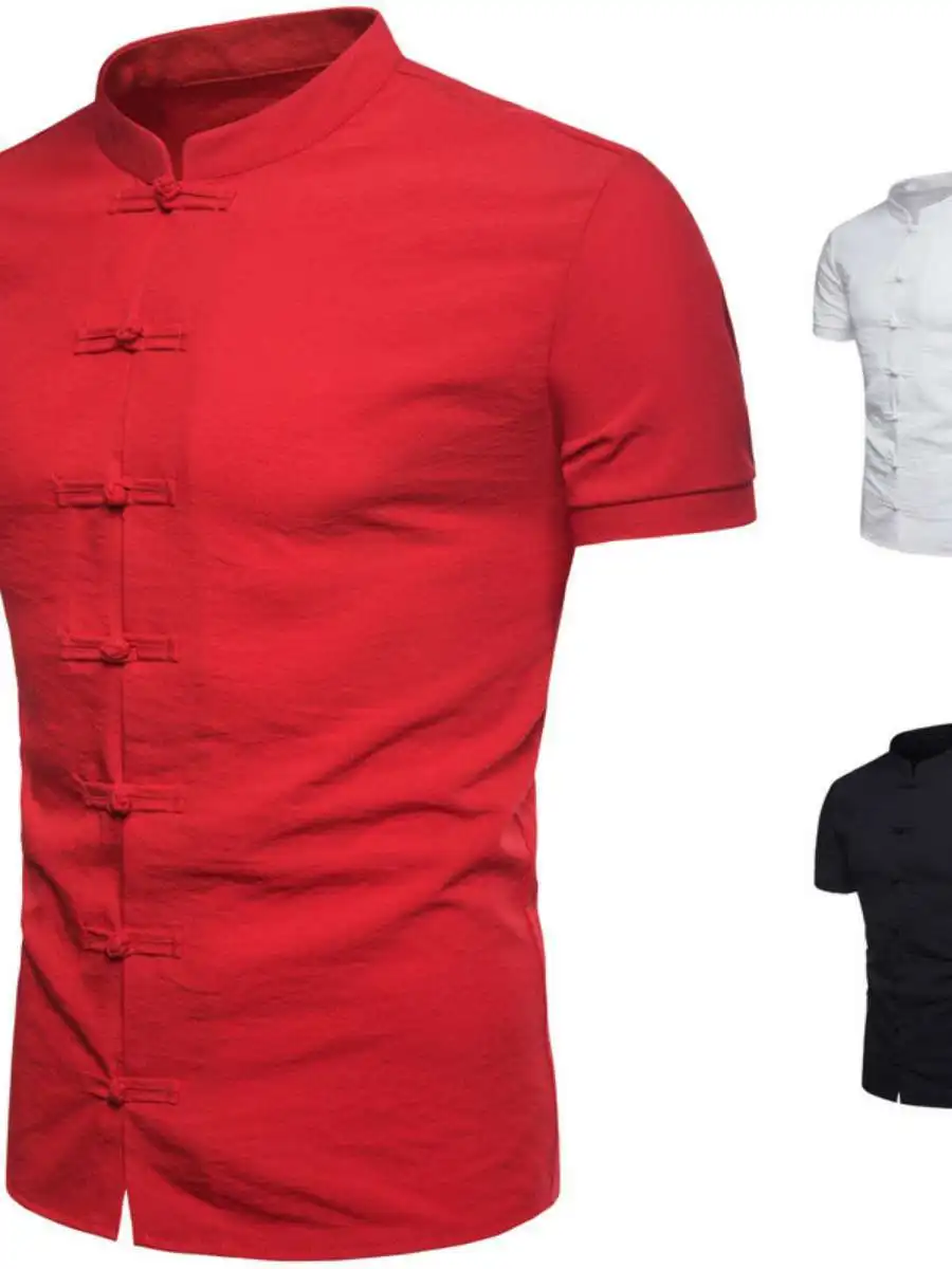 

Мужская летняя рубашка Slim Fit однотонная, новая, с воротником-стойкой, на пуговицах, в стиле ретро, повседневная