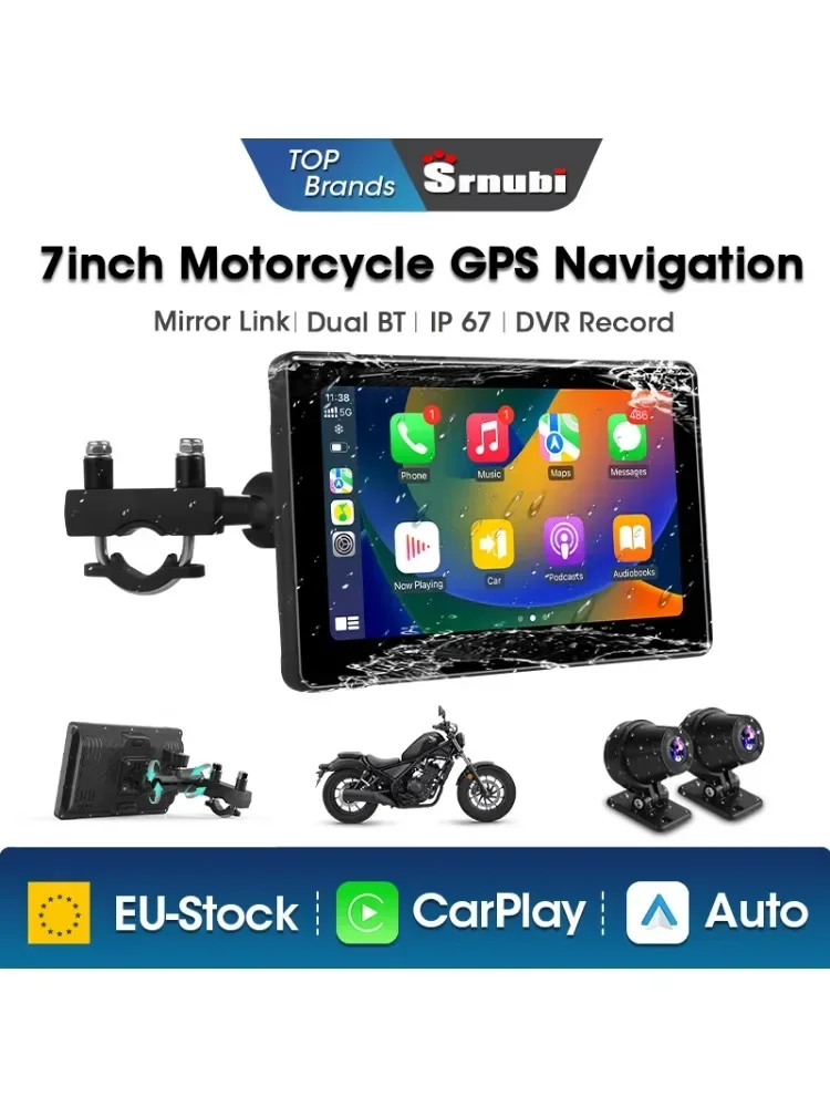 Srnubi 7 pouces moto DVR Portable sans fil CarPlay Android Auto écran GPS Navigation AI voix double Bluetooth IP67 étanche