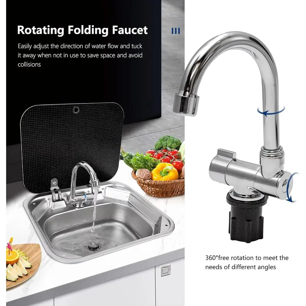 RV-gootsteen, 16,54 x 14,57 x 5,91 inch kleine roestvrijstalen bar-campinggootsteen met inklapbare kraan en deksel van gehard glas voor camper-trai