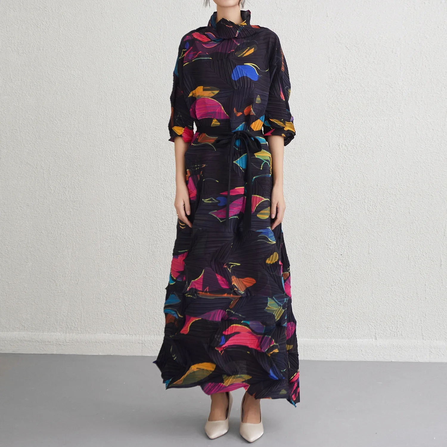 

Miyake Fashion Casual Dress Pleated 2025 Summer New Women's Irregular Printed Waisted Senior Sense Messy Pleated Long Skirt