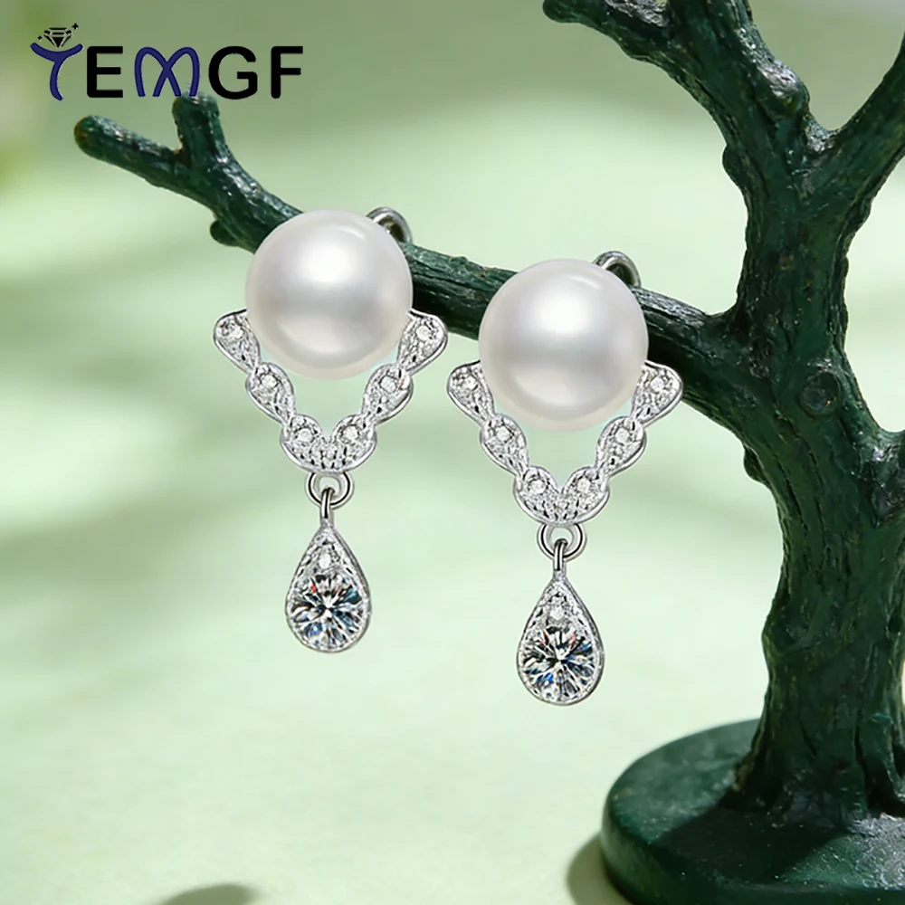 

TEMGF 1 Pair Pearls Ear Studs Full Moissanite Drop Earrings 100% S925 Sterling Silver Fine Jewelry for Women Girl Fashion Item