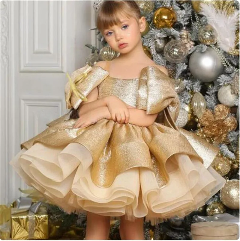 Gold Satin Flower Girl Dress Kid Fluffy Organza Gown Princess Dress Tutu Outfit Off Shoulder Birthday Dress Child 1-14T