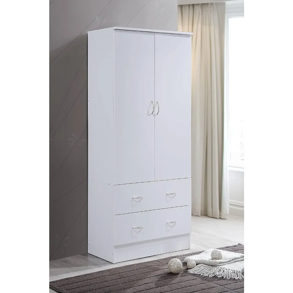 Wooden Wardrobe Bedroom Closet, Cabinet Equipped with Clothes Drying Rod and 2 Storage Drawers,  Wardrobe