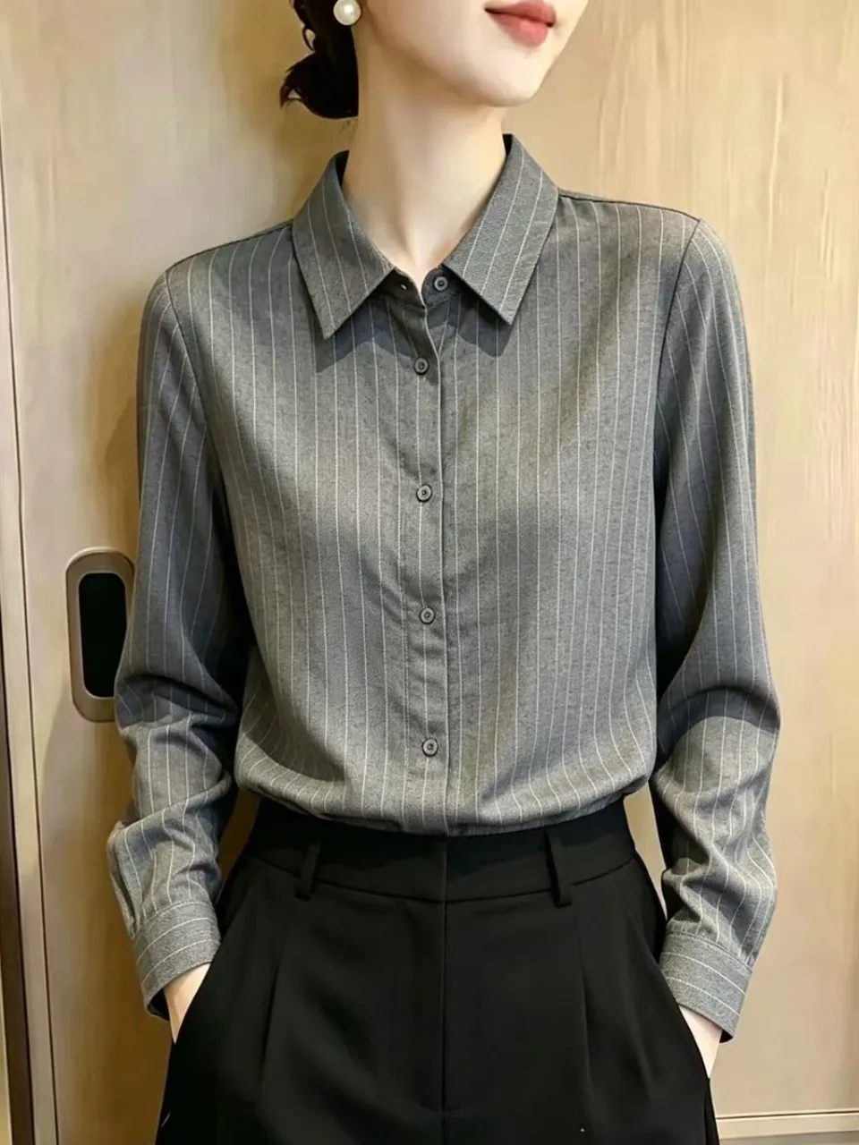 Gray Striped  Collar Long Sleeve Shirt Women's Autumn High-End Lightweight Anti-Aging Fashionable Top Dress Shirt