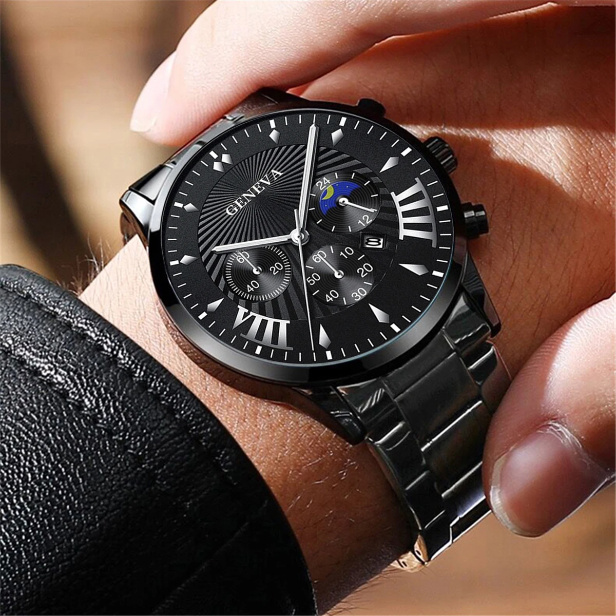 2PCS Fashion Mens Black Bracelet Watches Set Men Business Stainless Steel Quartz Watch Male Calendar Wristwatch