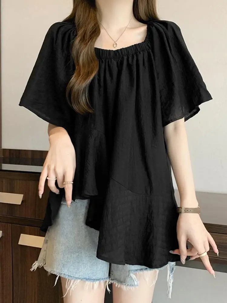 Women Solid Short SleeveTops ZANZEA Fashion Mesh Chiffon Blouse Casual Summer Ruffled Stitching Tunics 2024 Vintage Thin Tops