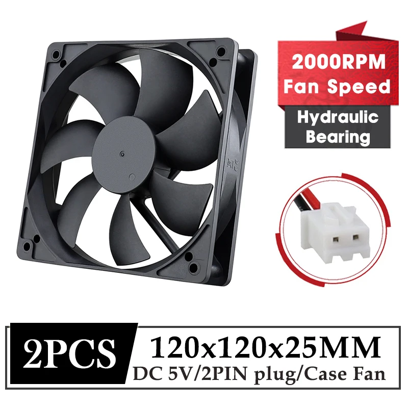 

2Pcs Gdstime 5V Fan 120*120*25MM DC Brushless Cooling Fan 120MM Computer Cooler Radiator 12CM 2PIN Fan for Laptop CPU Cooling