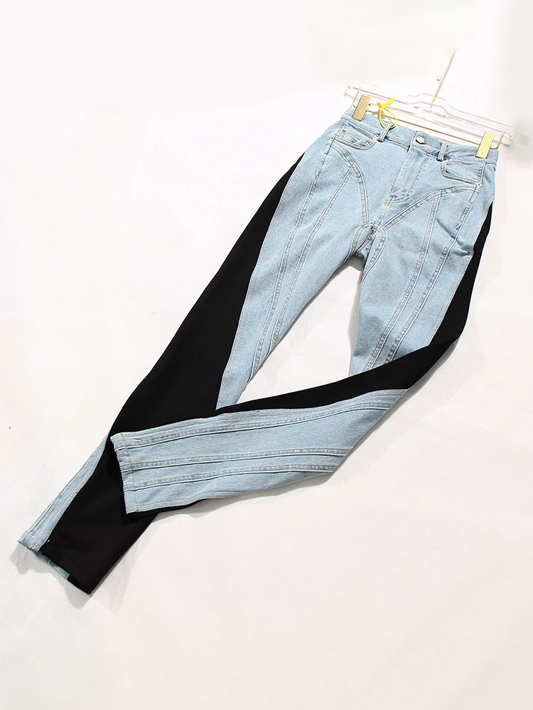 [EAM] High Waist Blue Color-block Pockets Long Pencil Jeans New Loose Women Trousers Fashion Tide Spring Autumn 2024 WT05205