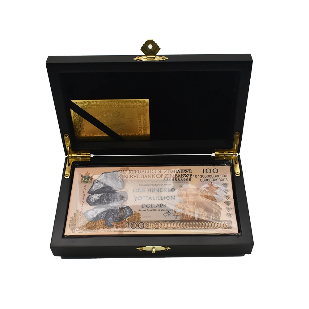 100pcs/box Zimbabwe One Hundred Yottalillion Dollars Paper Money Wooden Box Set with UV Anti-counterfeiting Logo Collection Gift