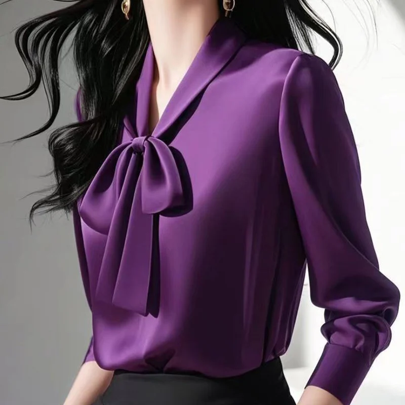 السيدات مكتب سيدة البساطة بلون الخامس الرقبة القوس بلوزة من الساتان 2025 ربيع جديد عصري الداخلية اللف كم طويل بلايز #3