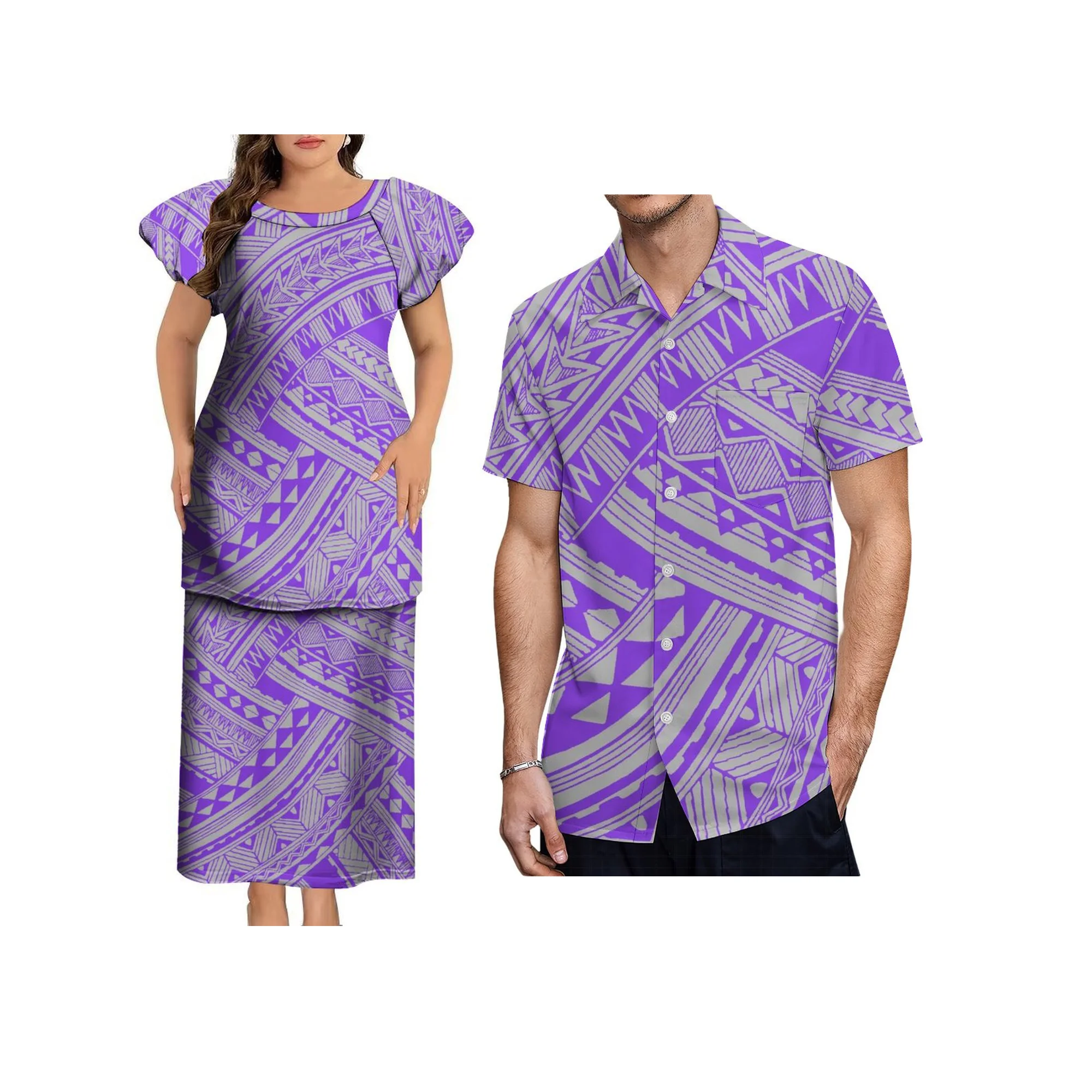 

Wholesale Custom Polynesian Tribal O Neck Puff Sleeve Samoan Puletasi Set Long Maxi Skirts 2 Piece Outfits Sets Dress