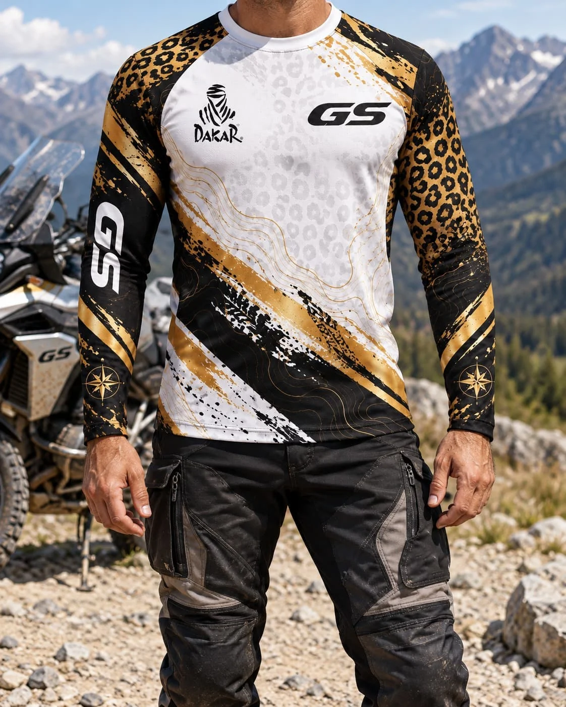 GS Mens Long Sleeve T Shirt Spring Autumn White Gold Leopard Print Motorcycle Riding Jersey Offroad Adventure Touring Unisex Top