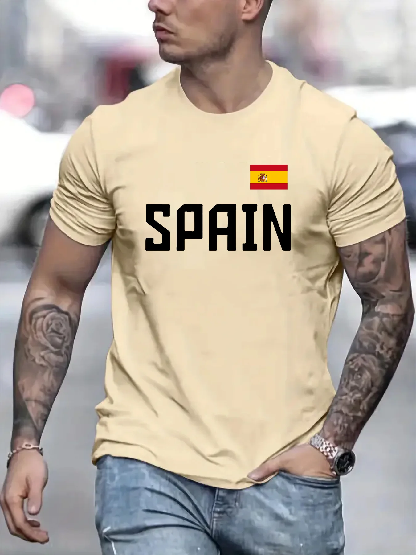 Spain Flag Printed Men's T-shirt Short Sleeved Casual Top Tee O Neck Sport Outdoor Pullover Streetwear Male Oversized Clothing image 2