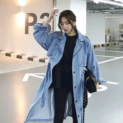 New Korean Loose Slim Denim Trench With Belt Waist Retraction Women's Spring Autumn Mid Length Single Breasted Wrap Fashion Coat