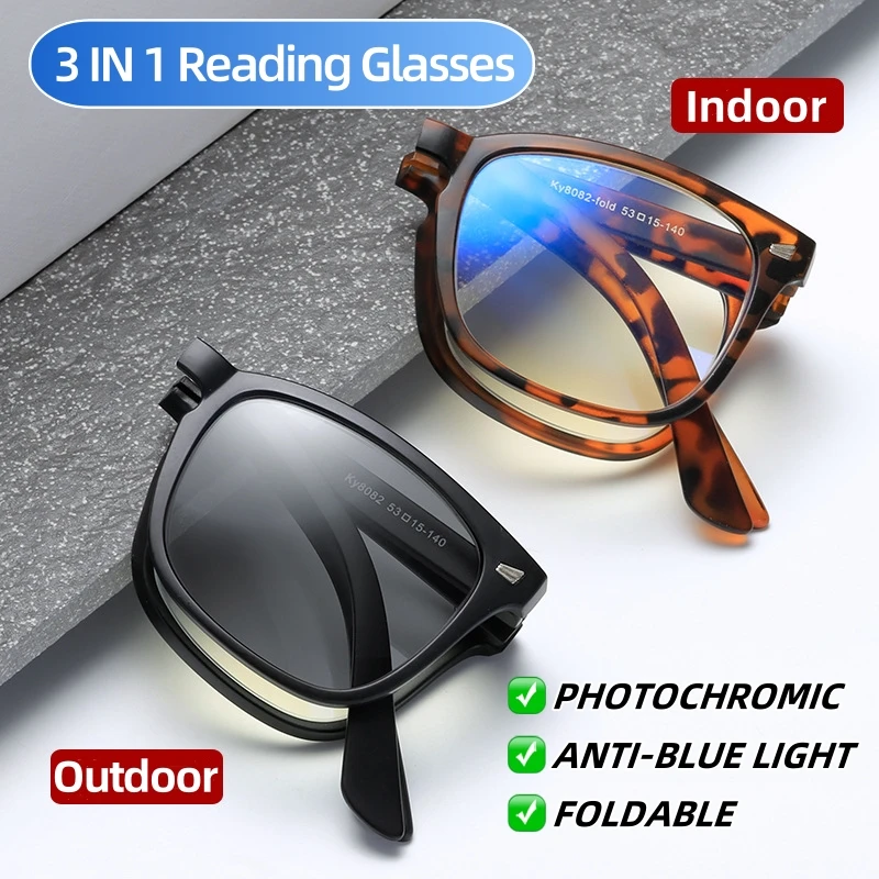 

Fashion Trendy Women Foldable Reading Glasses Outdoor Portable Photochromic Far Sight Eyewear Men UV Protection Googles+1.0 +1.5