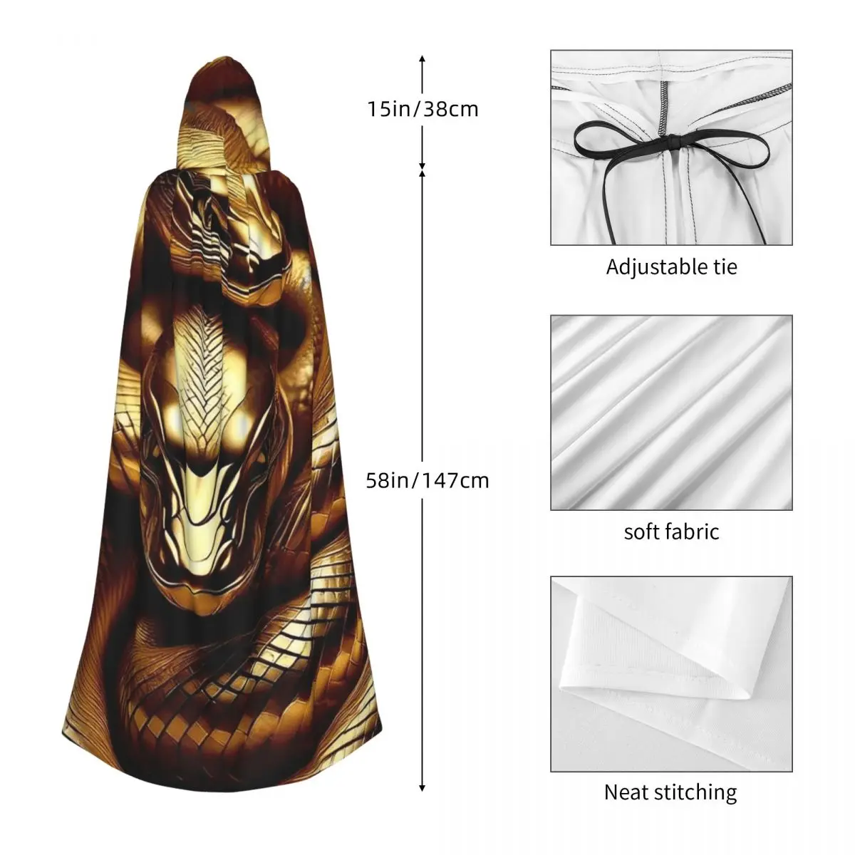 ゴールド怖い蛇ロングフード付きマント魔女中世コスチュームコスプレケープハロウィンパーティー大人ユニセックス