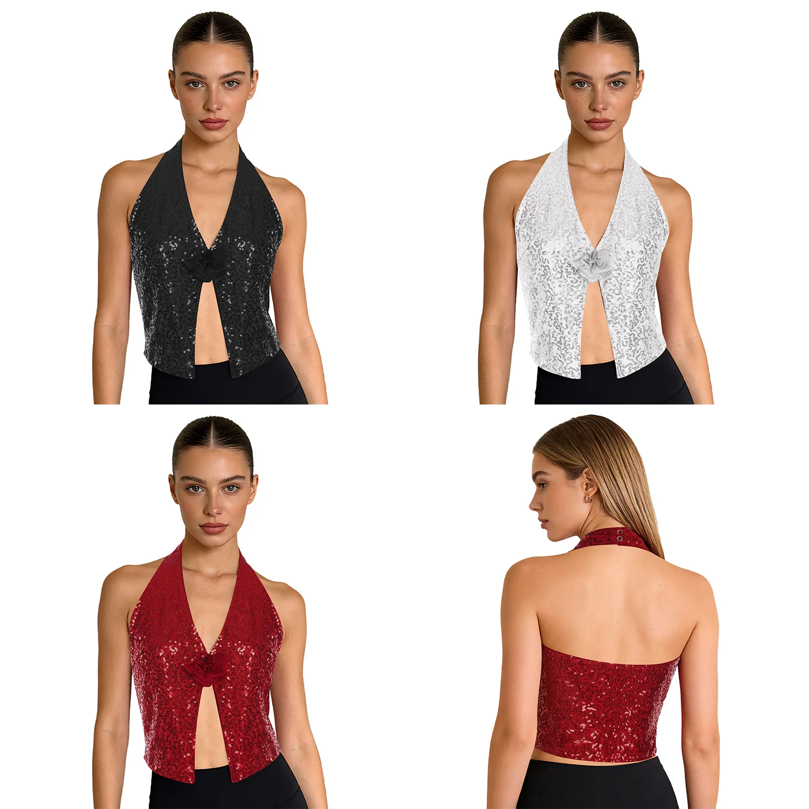 المرأة ثلاثية الأبعاد زهرة الترتر سترة الرسن أكمام عارية الذراعين سبليت الجبهة المحاصيل الأعلى للحزب نادي ديسكو مرحلة الأداء تانك القمم #5