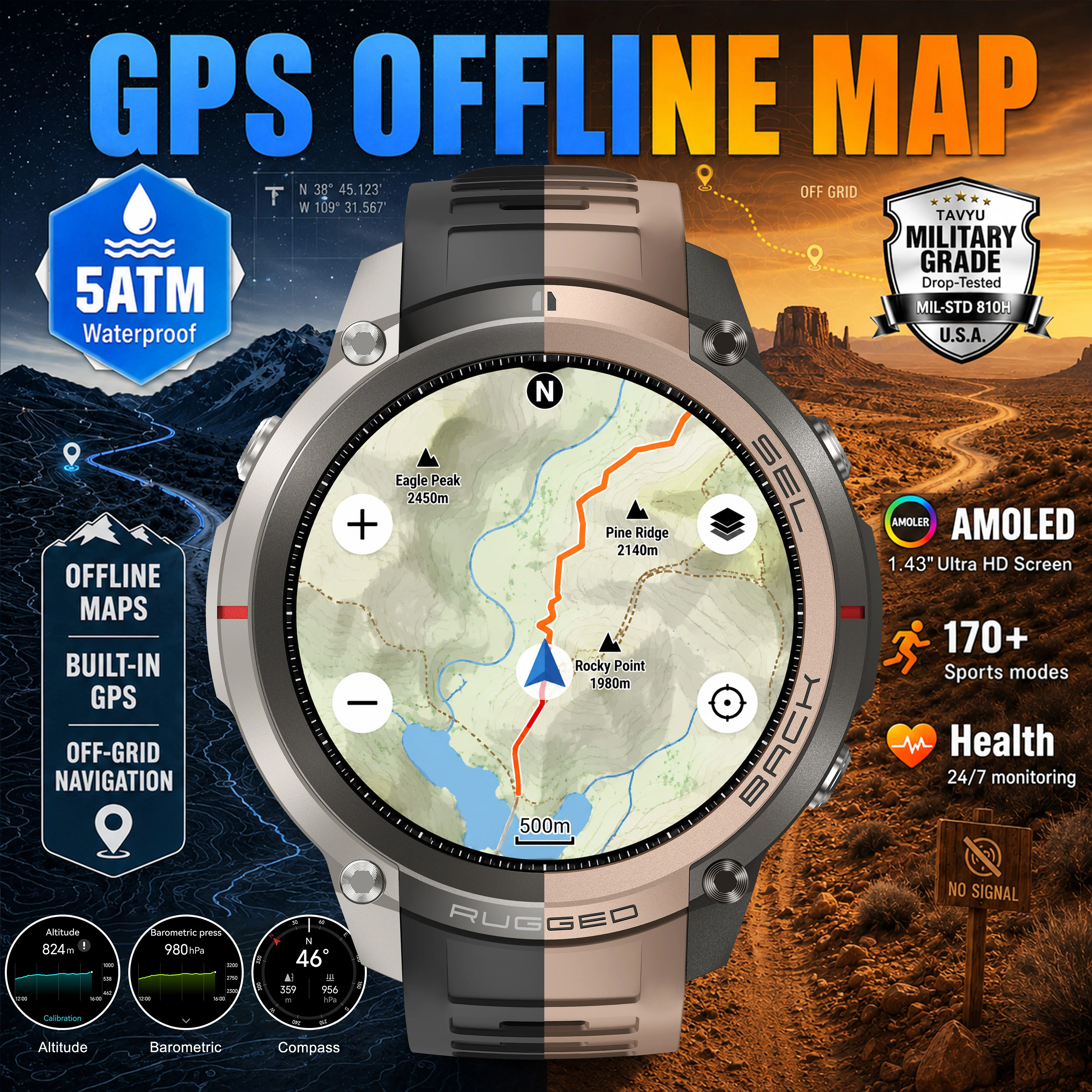 2026 New Off-Grid GPS Smart Watch Men Built in Map path 5ATM Waterproof AMOLED Screen Call 170+Sport Compass Military Smartwatch