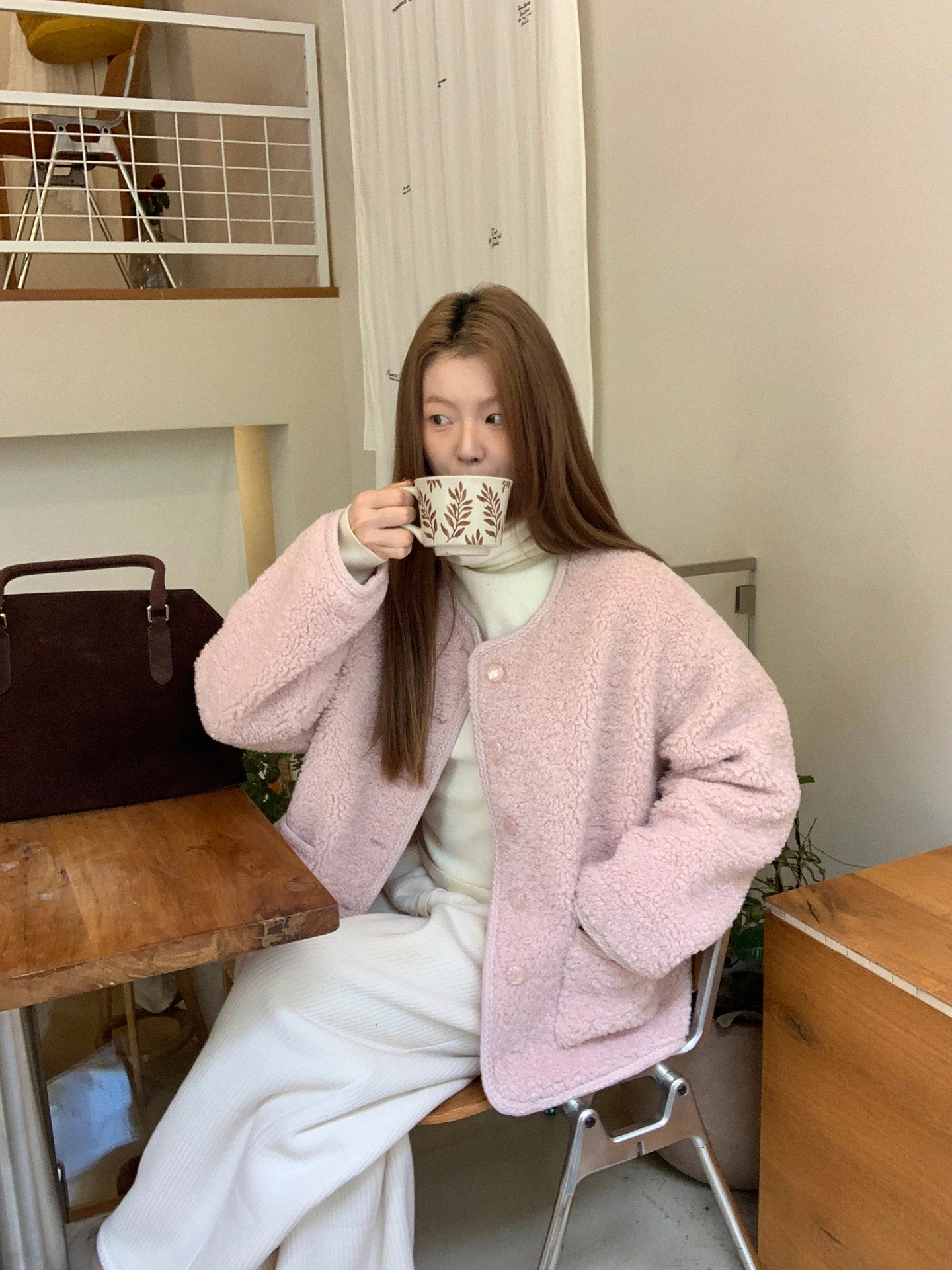 

Pink Lamb Fur Trimmed Cotton Jaet Women's Sle Autumn Winter New Arrival Commute Sle Straight Cut Long Sve round Ne