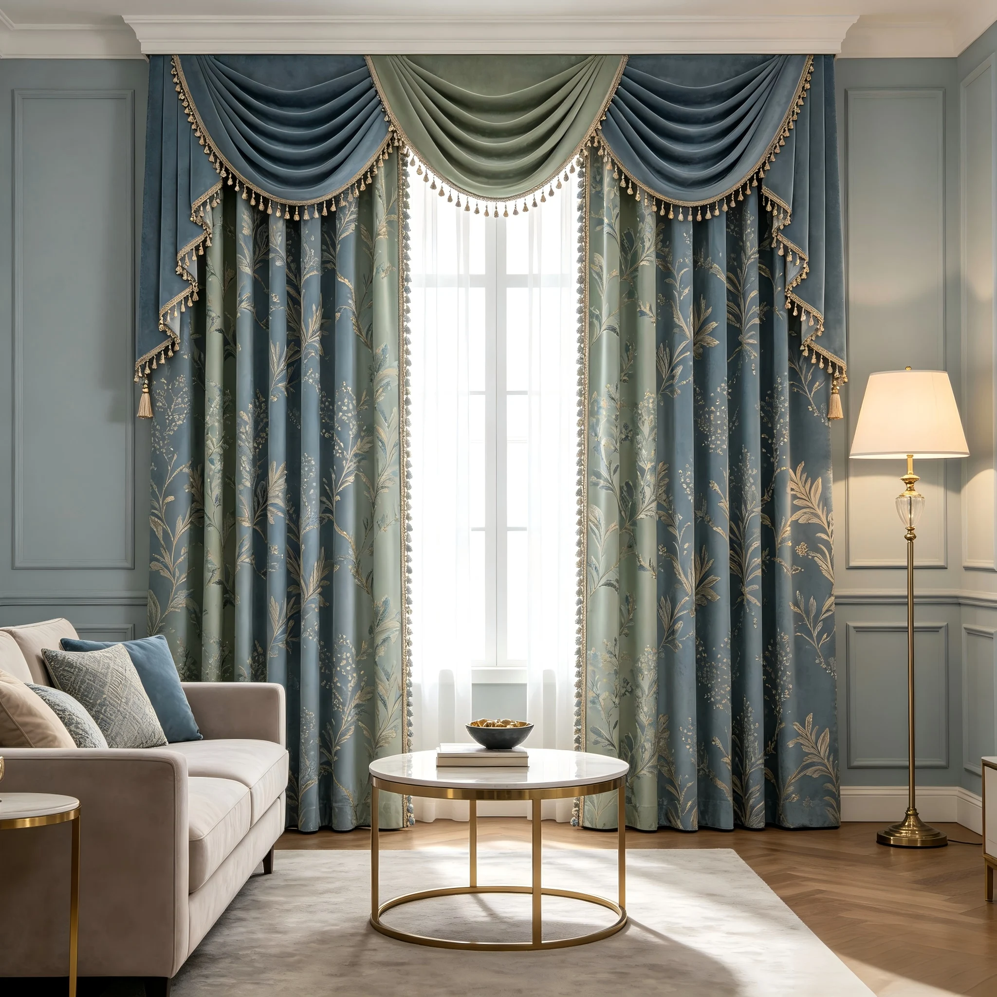 200380   Modern French living room blue-green jacquard velvet glossy pleated metal pendant curtains