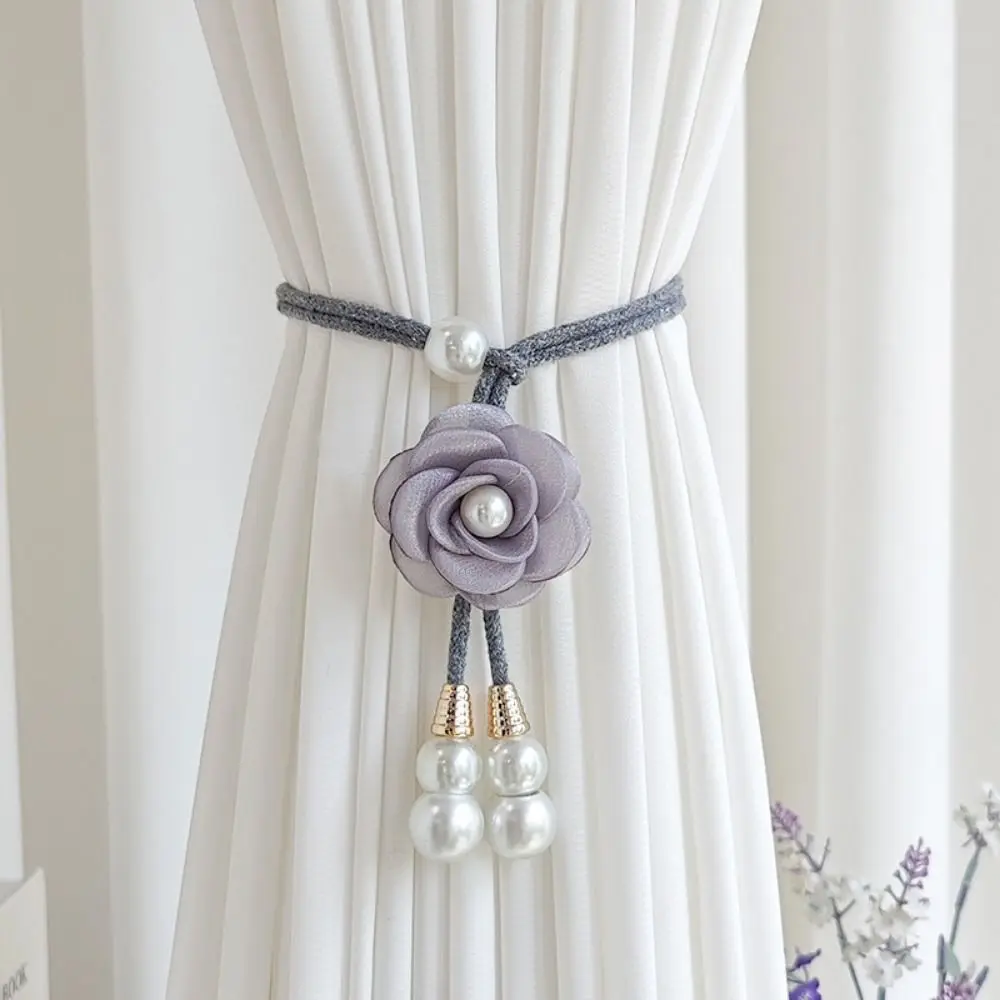 2Pcs Modern Floral Curtain Tiebacks Pearl Adjustable Camellia Curtain Tiebacks 3D Flower Artificial Pearl Curtain Ties image 4