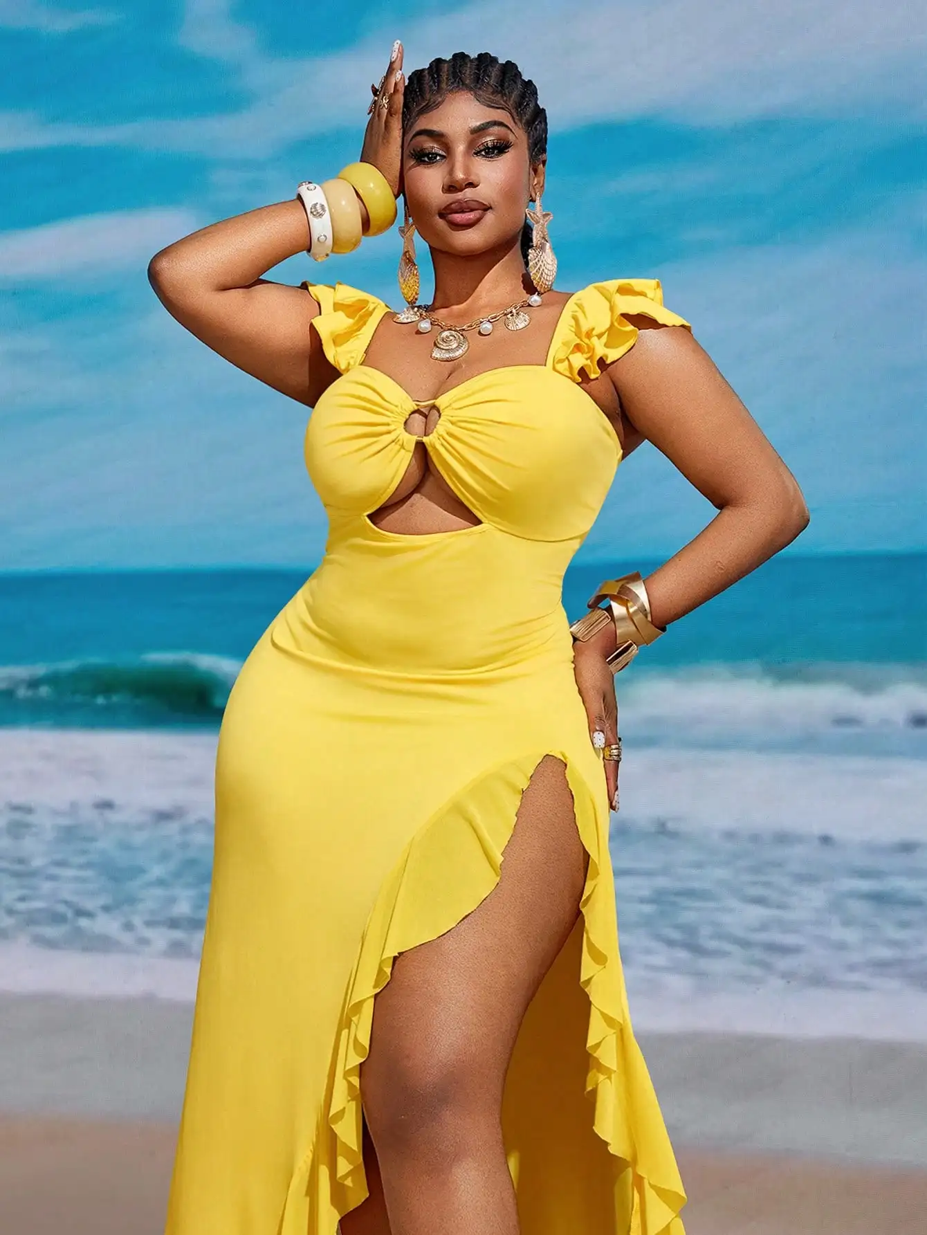 

Elegant Yellow Off Shoulder Ruffle Hem Dress With Cut Out And High Slit