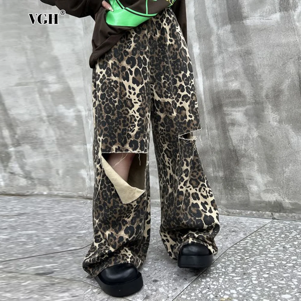 

VGH Colorblock Leopard Print Denim Pant For Women High Waist Patchwork Pocket Hollow Out Streetwear Wide Leg Pants Female