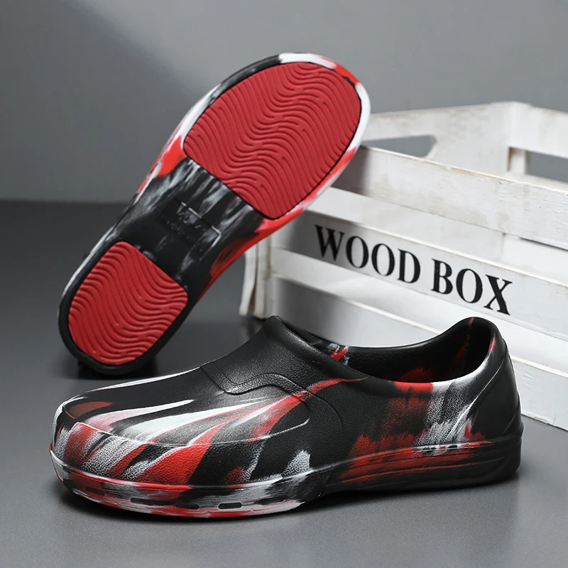 

Новые повседневные мужские поварские туфли с принтом, водонепроницаемые и маслостойкие рабочие туфли, мужские пляжные сандалии, летние повседневные шлепанцы