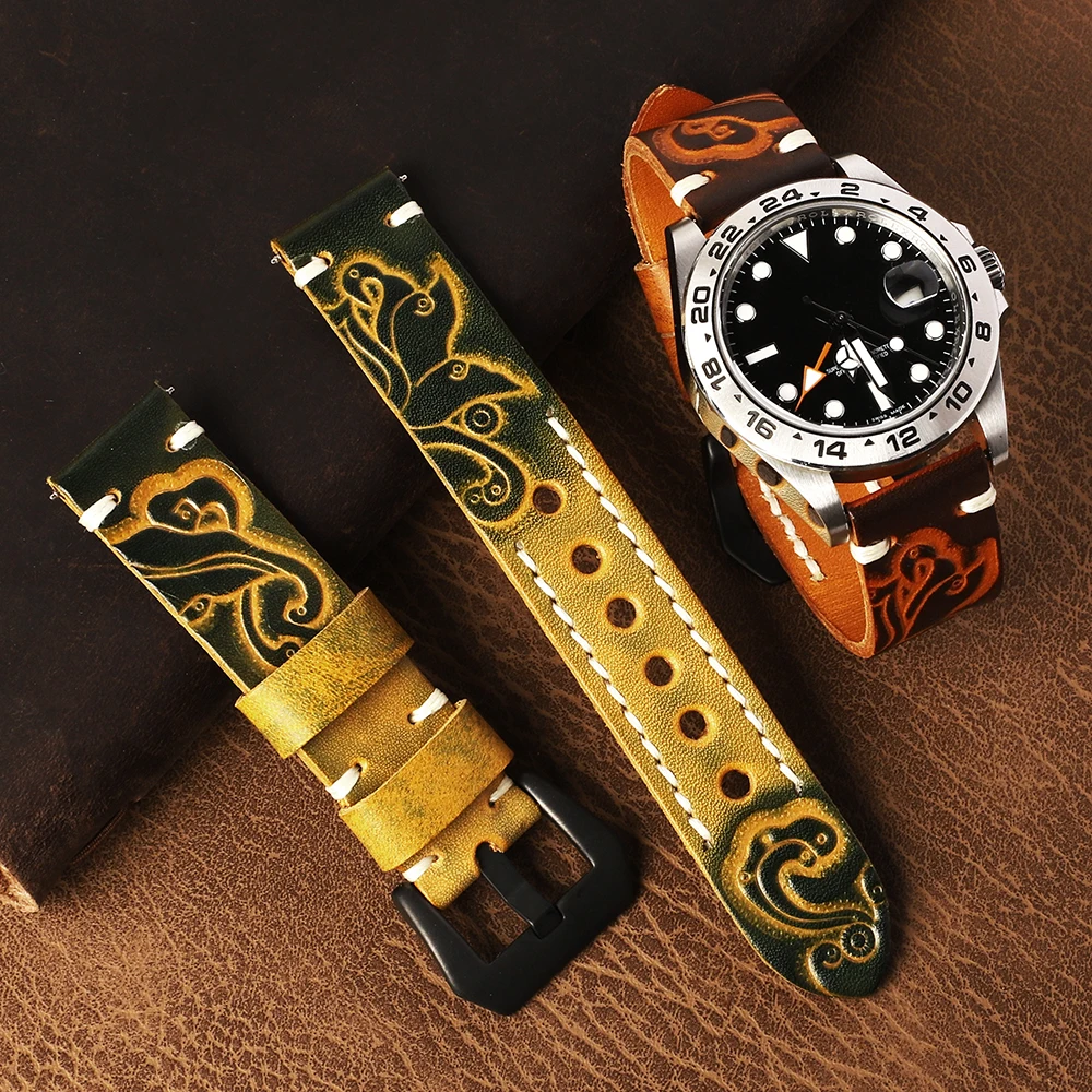 Vintage Carving Men Watch Strap Handmade Stitched Embossed Leather Watchband  Black Buckle for Panerai 18mm 20mm 22mm 24mm