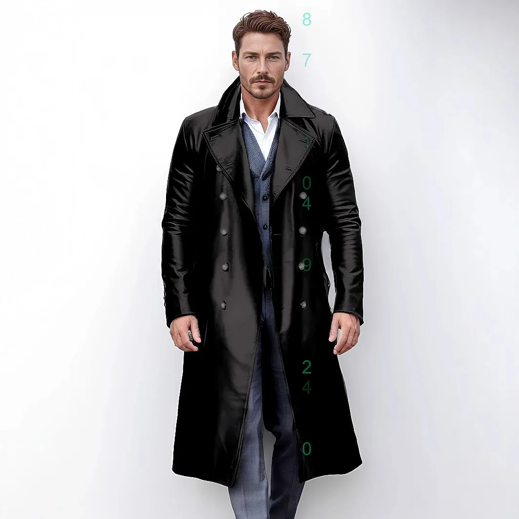 

Mens PU Leather Trench Coat Vintage Double Breasted Long Overcoat Jacket Fall Winter