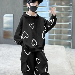 Two Piece Set Boy Girl Autumn 2024 New Korean Fashionable Western Love Hooded Sweater Leisure Sports Versatile Active