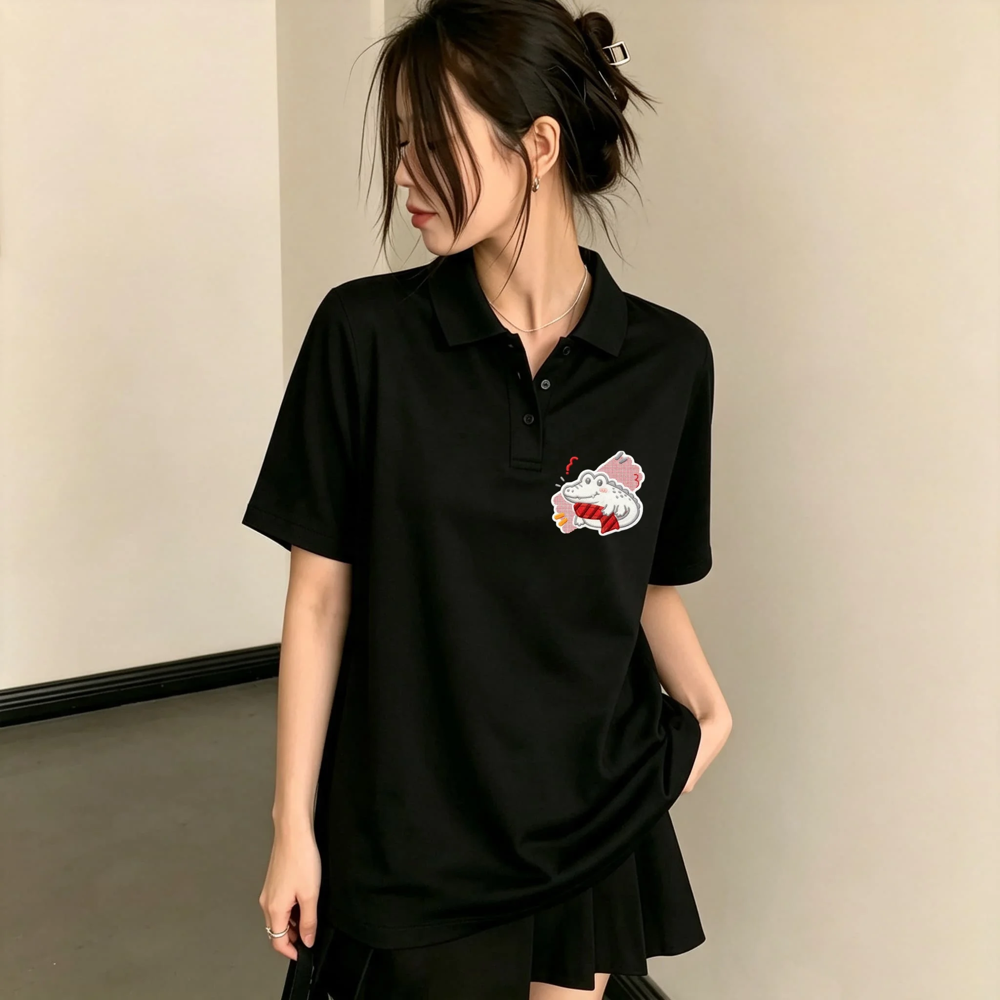 Women Black Lapel Collar Polo Shirt Cute Cartoon Crocodile Embroidery Short Sleeve Loose Soft Breathable Daily Summer Casual Basic Top