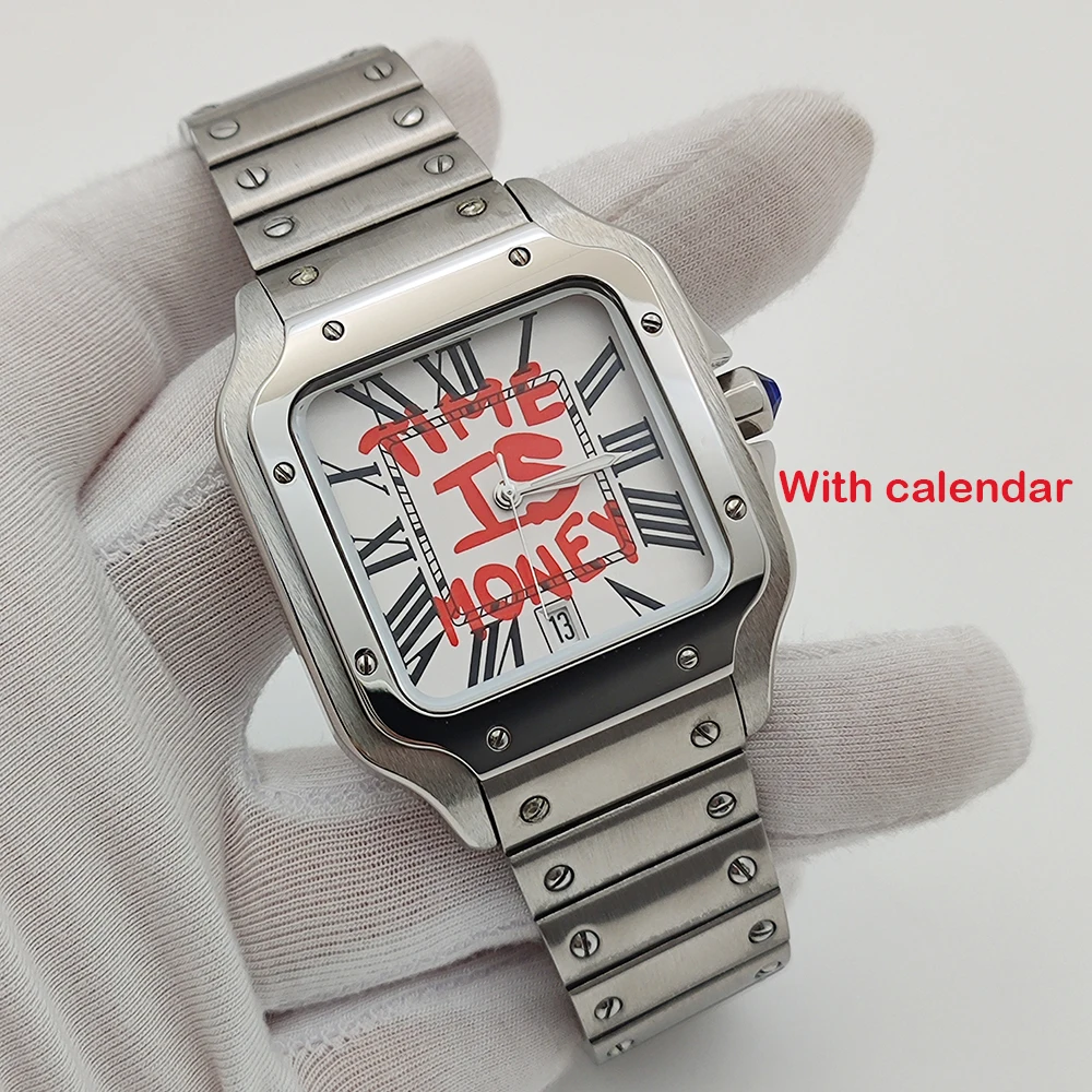NH35 Square Watch Time is Money, Men's Automatic Watch Roman Case Folding Buckle Bracelet NH35 NH36 Movement Watch