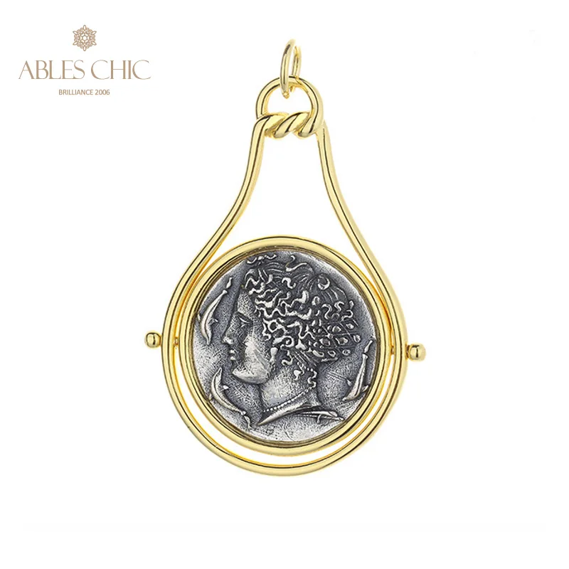 

Ables Chic Greek Arethusa Silver Flip Coins Charm Rotating 18K Gold Two Tone Solid 925 Silver Roman Coin Pendant Only N1049