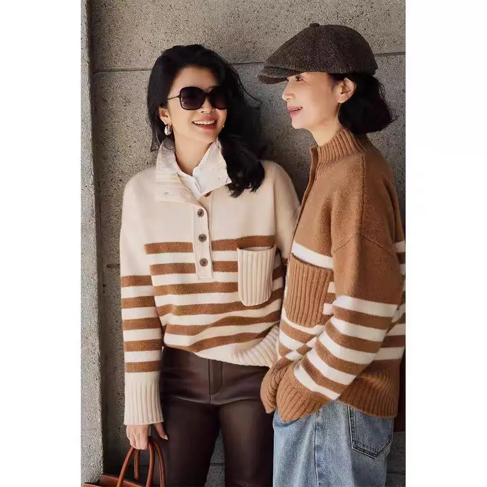 

Осенне-зимний полосатый свитер из 100% чистой шерсти, женский полуоткрытый пуловер на пуговицах, свободный и толстый воротник до половины высоты