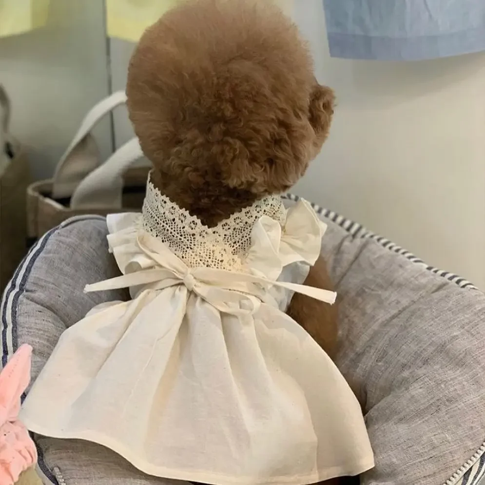 Handmade Cotton Linen Lace V-neck Lace Bandage Dog Skirt Pet Dog Clothes Puppy Dress Girl Chihuahua Cat Dresses