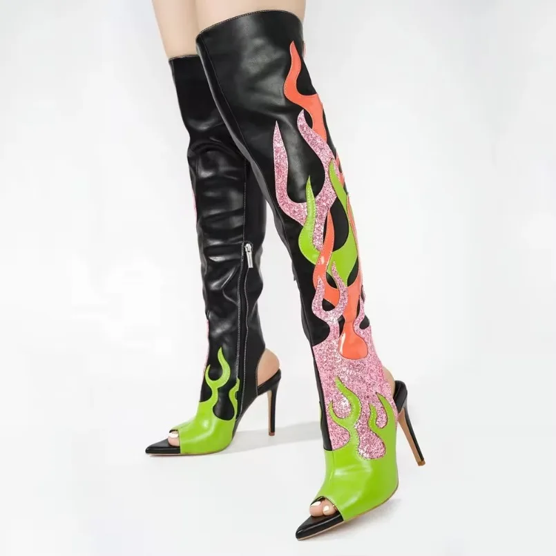 Women Mixed Glitter Fire Over Knee High Boots Peep Toe Stiletto Thin Heels Flame Shoes Side Zipper Summer Long Booties