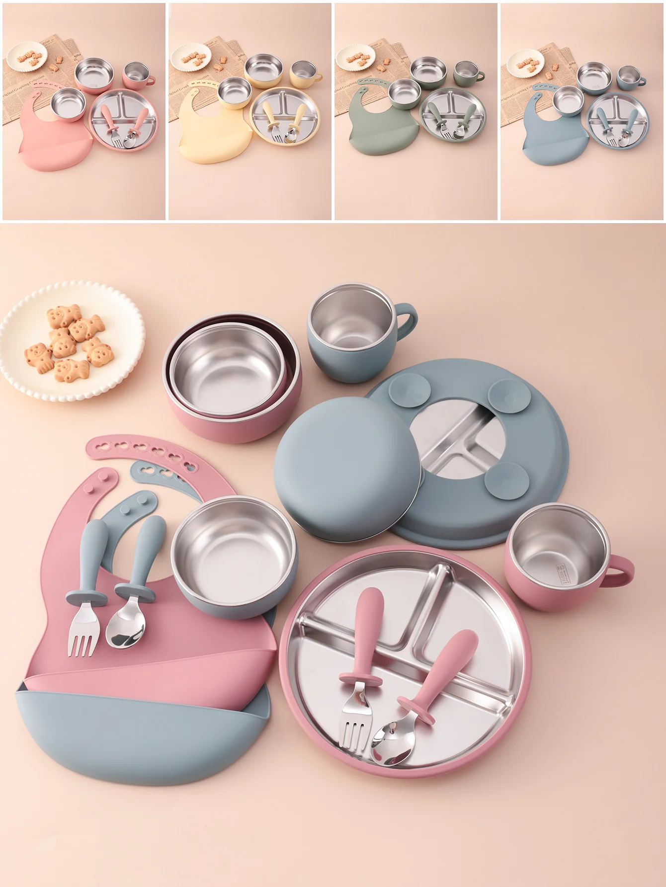 

7PCS Stainless Steel Baby Feeding Set Detachable Dishes Plate BPA Free Silicone Food Bowl Spoon Fork Kids Weaning Utensils
