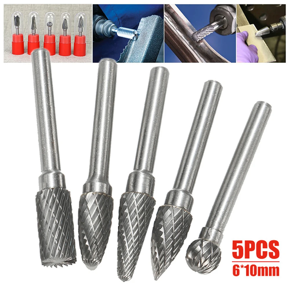 5pcs 6×10mm Double Groove Rotary File Grinding Head Tungsten Carbide Burr Milling Cutter Drill Bit Set Finishing Metal Mould