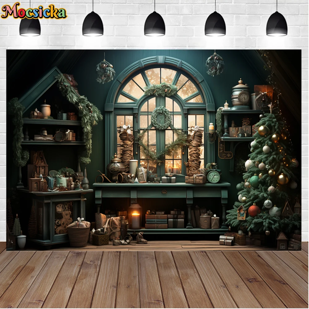 모시카 겨울 크리스마스 사진 배경, 크리스마스 트리 다락방, 홀리데이 파티, 어린이 가족 초상화 사진 배경 스튜디오